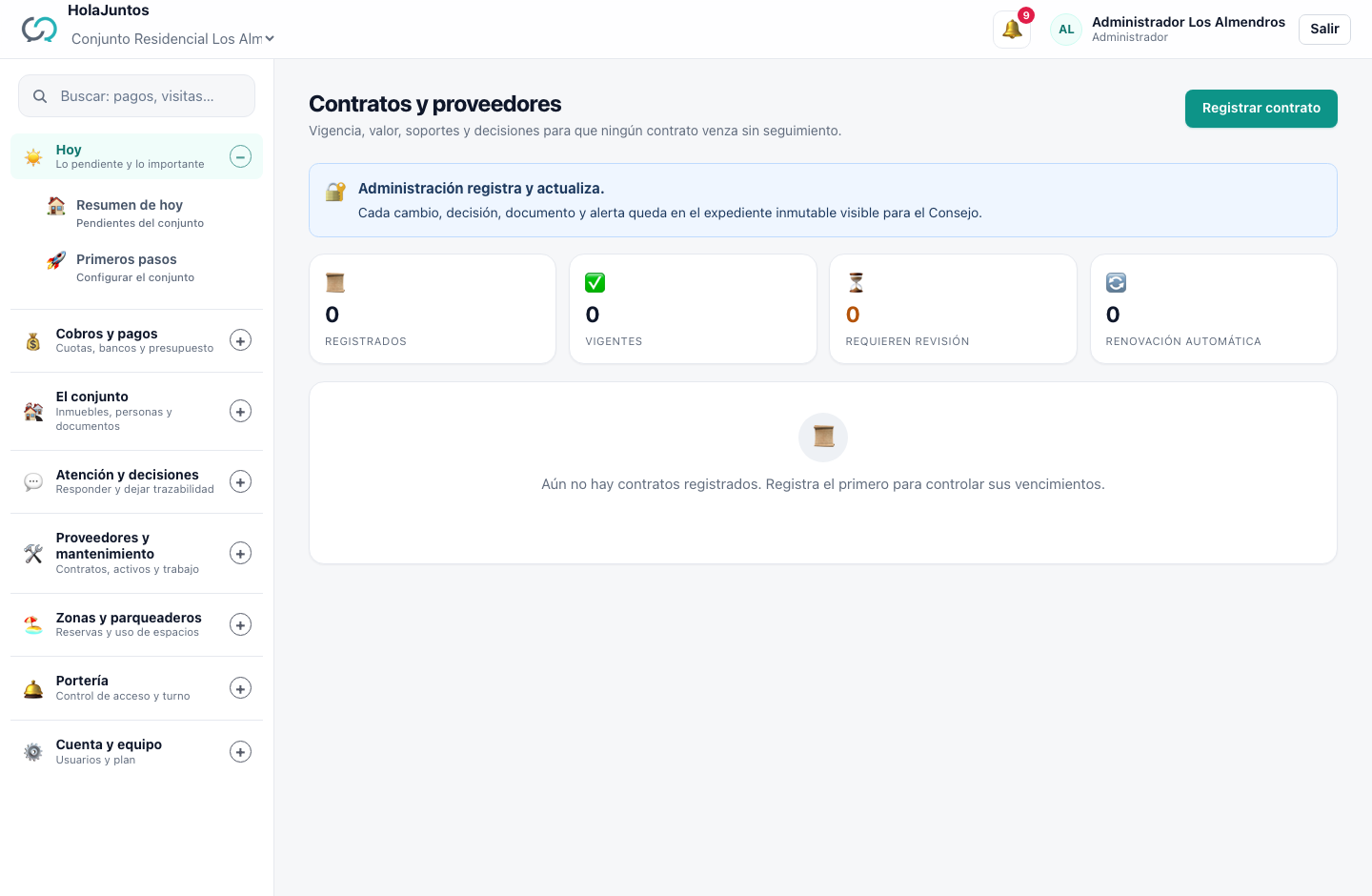 Módulo de contratos y mantenimiento de HolaJuntos